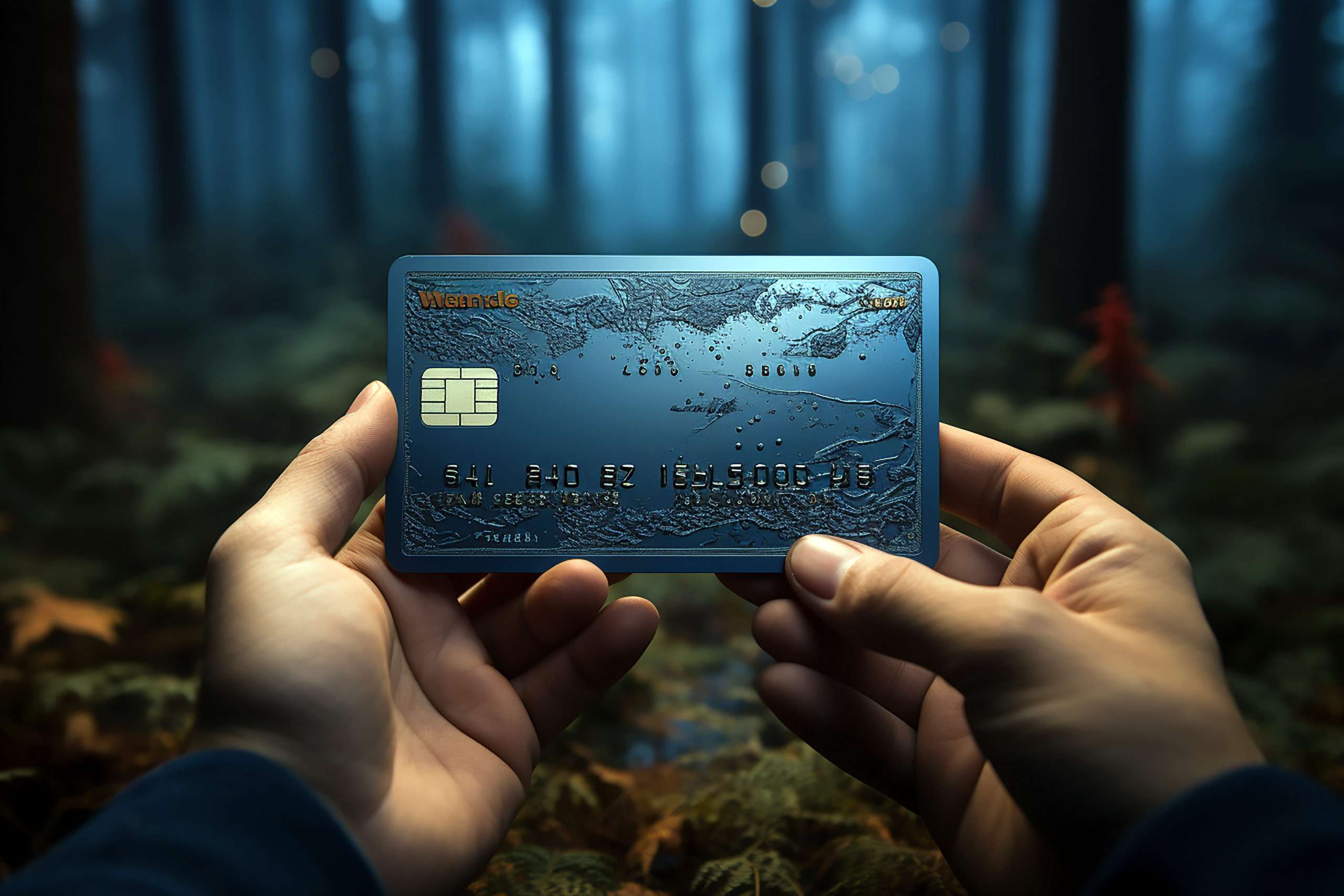 a blue credit card with the words credit card in the middle.